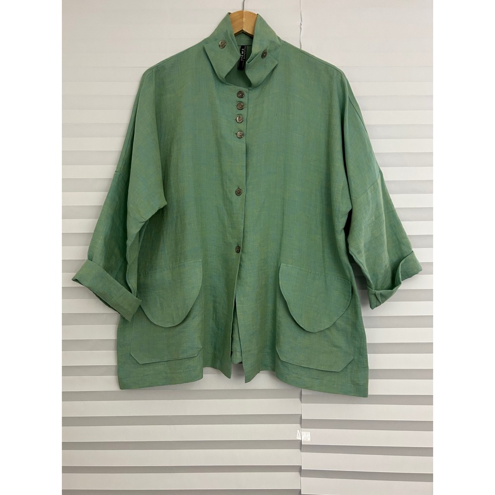 Itemz Chris Baumgartner Green 100% Linen Button Up Funnel Neck Top One Size